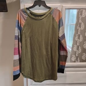 Olive Green Top with Colorful Striped Sleeves